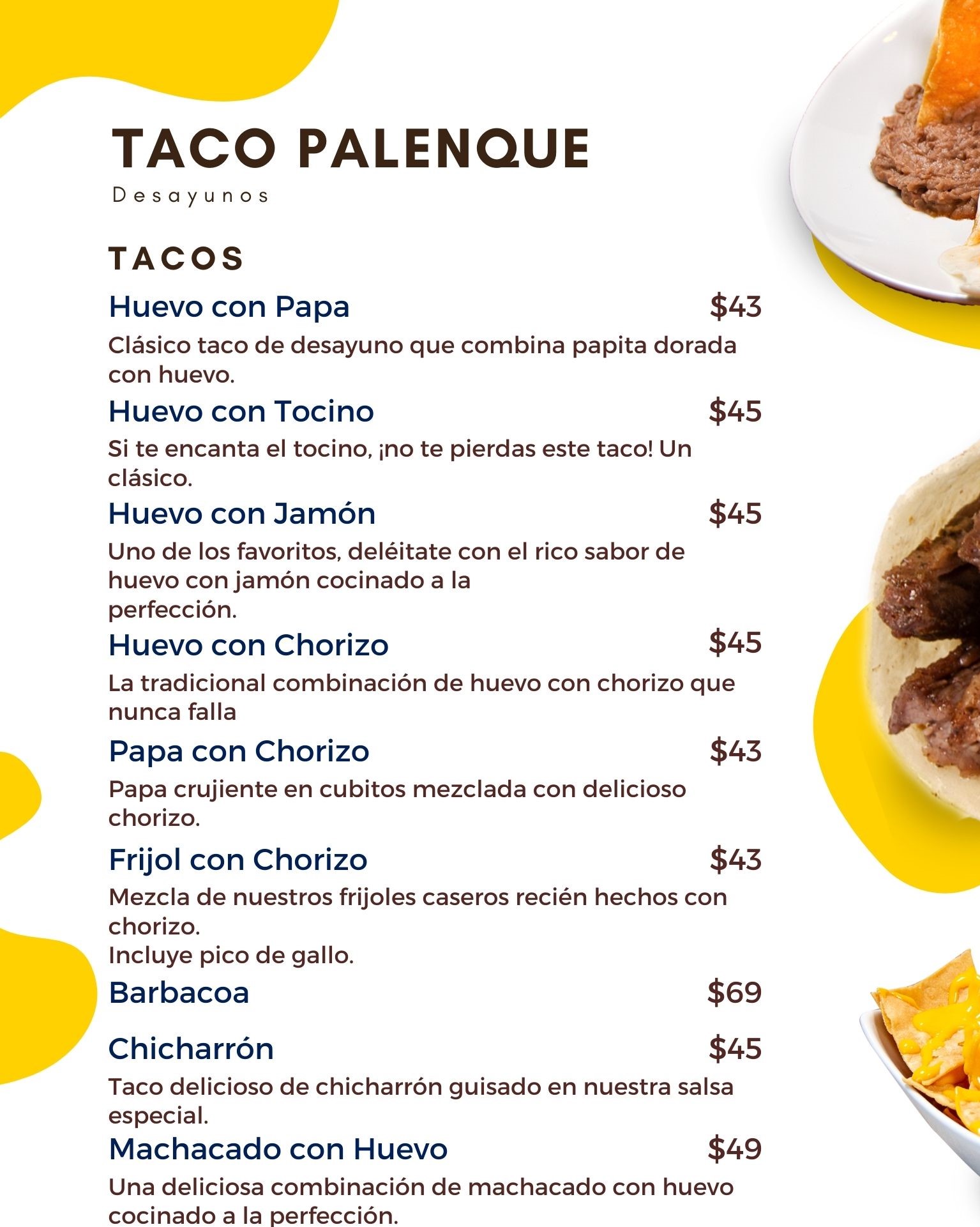 Menú Digital Desayunos Taco Palenque