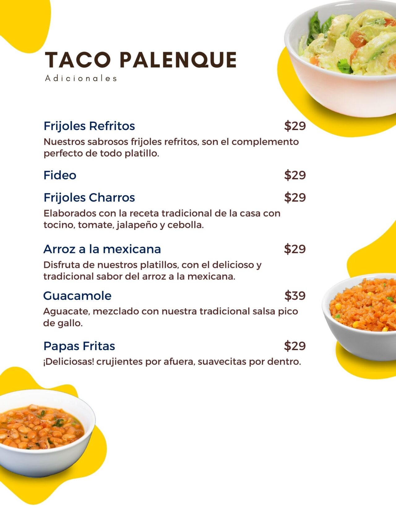 Menú Digital Complementos Taco Palenque